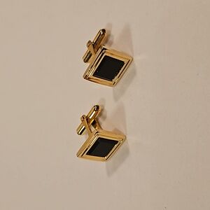 Vintage Black Square Stone Inlay Gold Tone Cuff Links